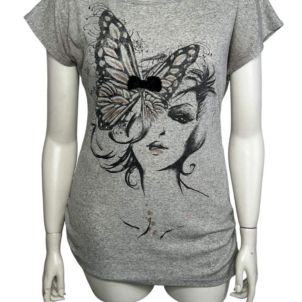 Libian Ladies Ruched Top Graphic Front Butterfly Woman Fashion Theme Gray Large